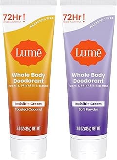 Lume Whole Body Deodorant - Invisible Cream Tube - 72 Hour Odor Control - Doctor Developed - Aluminum Free, Baking Soda Free and Skin Loving - 3.0 Ounce, Pack of 2 (Soft Powder & Toasted Coconut)