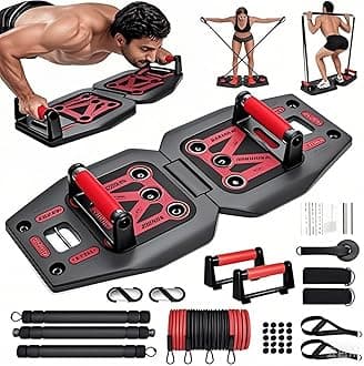 Home Gym Exercise Equipment - Portable Workout System 17 Fitness Accessories 9 in1 Push Up Board Set, Resistance Bands with Pilates Bar Strength Training Abs Shoulders Back Butt