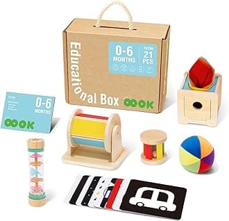 TOOKYLAND Montessori Toys for Babies 0-6 Months, 6 in 1 Learning Educational Set Newborn Toys Including Sensory Ball, Rain Stick, Baby Roller, Spinning Drum, Black and White Cards, Tissue Box