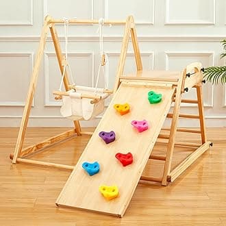 FUNLIO 4-in-1 Wooden Toddler Swing and Slide Set, Foldable Montessori Jungle Gym for Toddlers 0.5-5 Years, Indoor Playground with Swing/Slide/Ladder/Climbing Rock, Easy to Assemble & Store